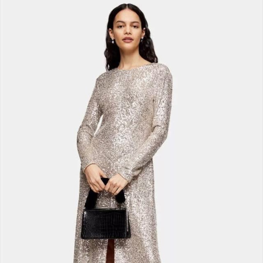 BRAND NEW women top shop topshop gold sequin midi dress size US 2